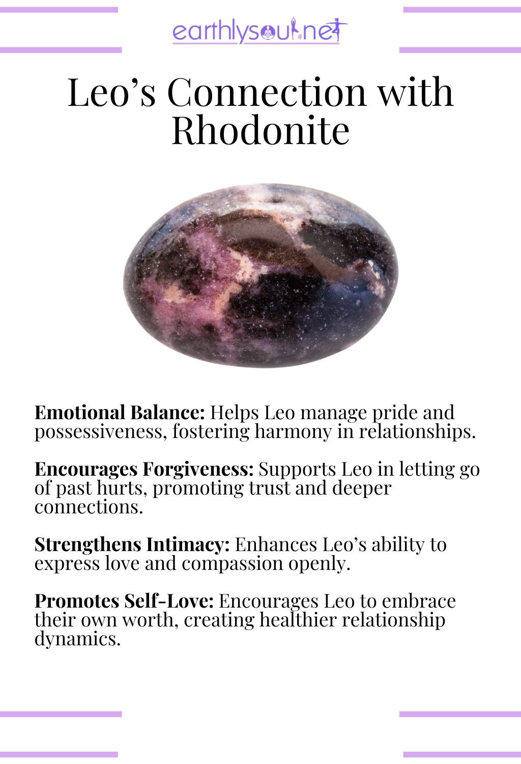 Rhodonite crystal, promoting emotional balance and self-love, perfect for leo zodiac signs in relationships.