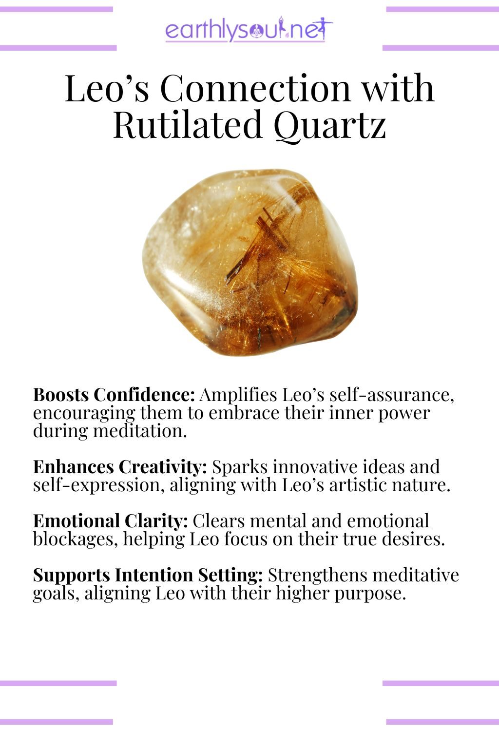 Rutilated quartz crystal, boosting confidence and enhancing creativity, ideal for leo meditation.