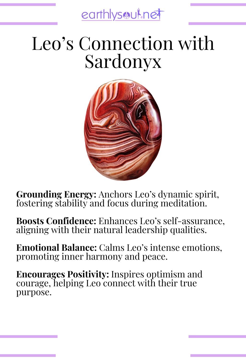 Sardonyx crystal, providing grounding energy and emotional balance, perfect for leo meditation.