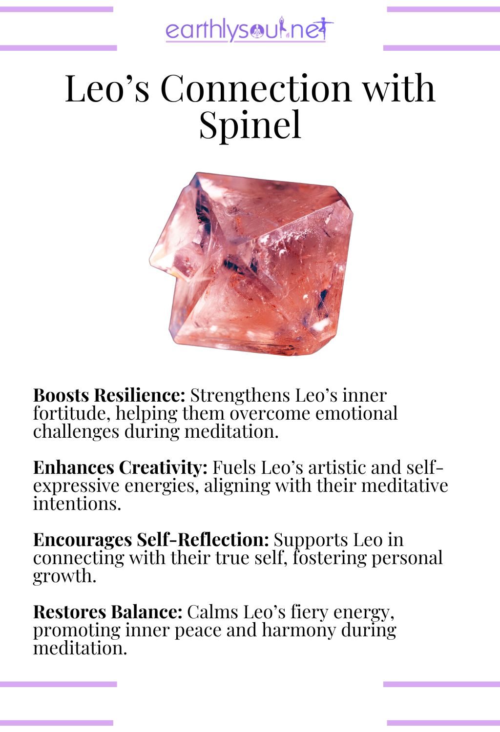 Spinel crystal, boosting resilience and enhancing creativity, ideal for leo meditation.