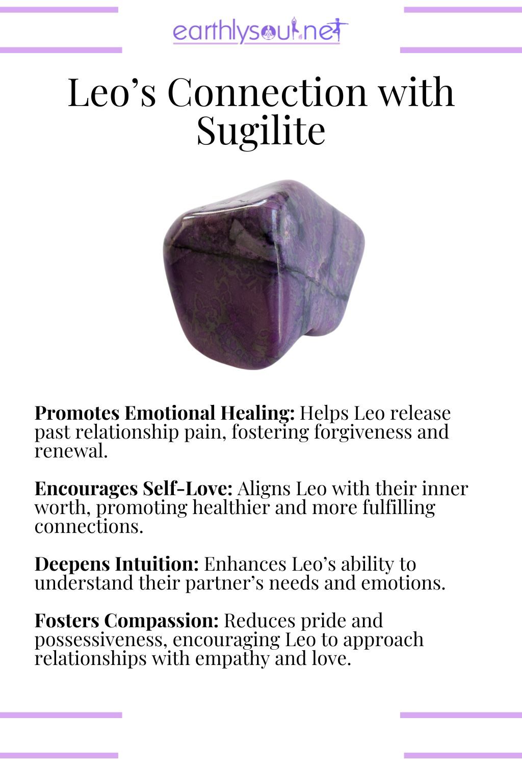 Sugilite crystal, promoting emotional healing and compassion, perfect for leo zodiac signs in relationships.