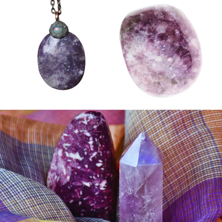 Lepidolite necklace, stone and wand