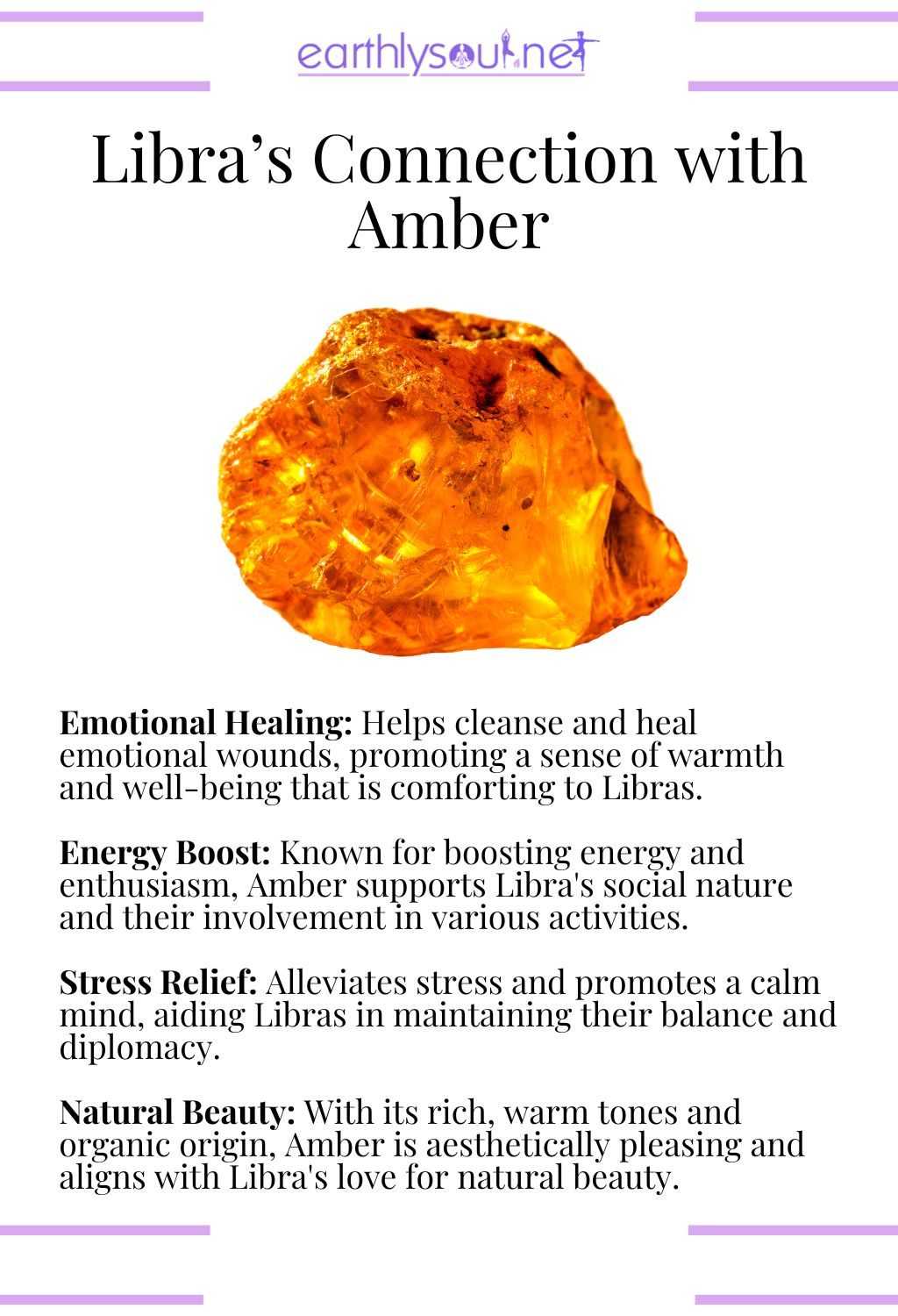 Amber crystal, enhancing emotional healing and stress relief, suited for libras.