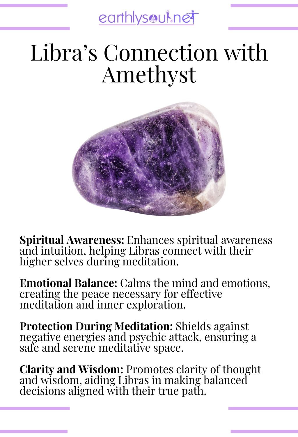 Amethyst crystal, enhancing spiritual awareness and emotional balance for libra meditation.