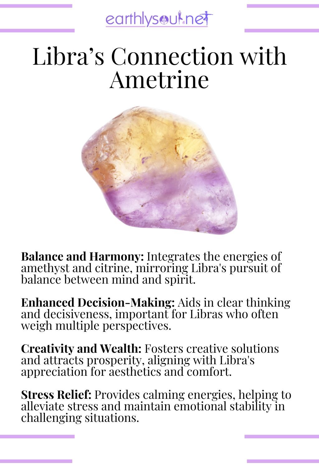 Ametrine crystal combining purple and yellow hues, representing balance and creativity for libras.