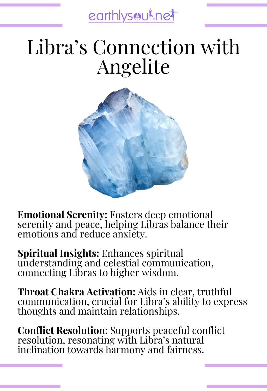 Angelite crystal, known for enhancing spiritual insight and emotional serenity for libras.