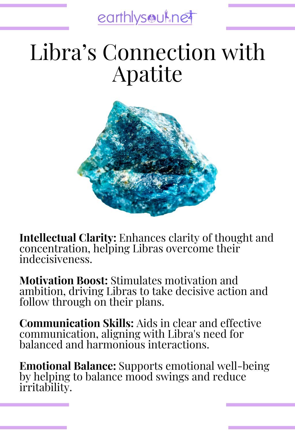 Apatite crystal, known for boosting motivation and enhancing communication for libras.