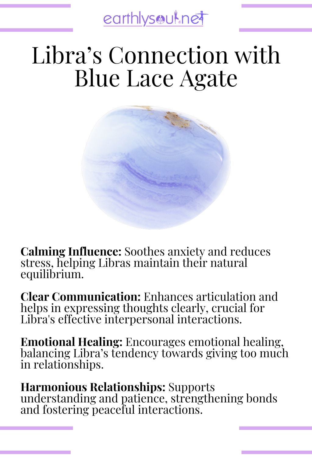 Blue lace agate crystal, known for its calming and communicative properties for libras.