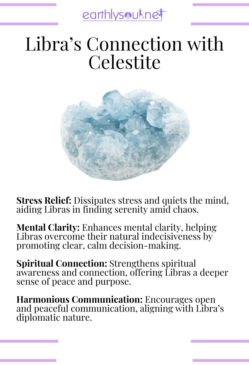 Celestite crystal, known for promoting stress relief and mental clarity for libras seeking harmony.
