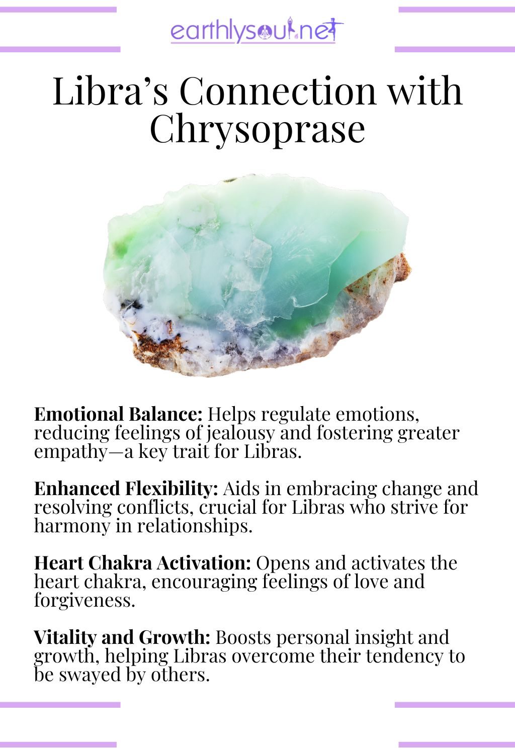 Chrysoprase crystal, known for activating heart chakra and promoting emotional balance for libras.