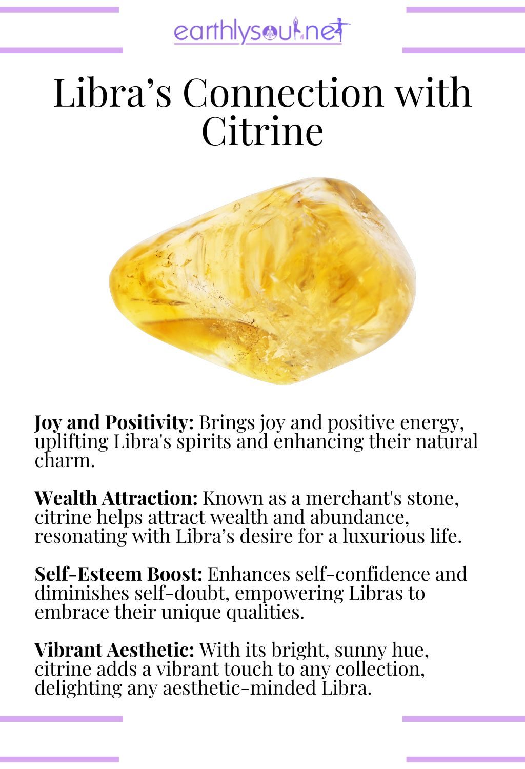 Citrine crystal, known for attracting joy and wealth, ideal for libras.