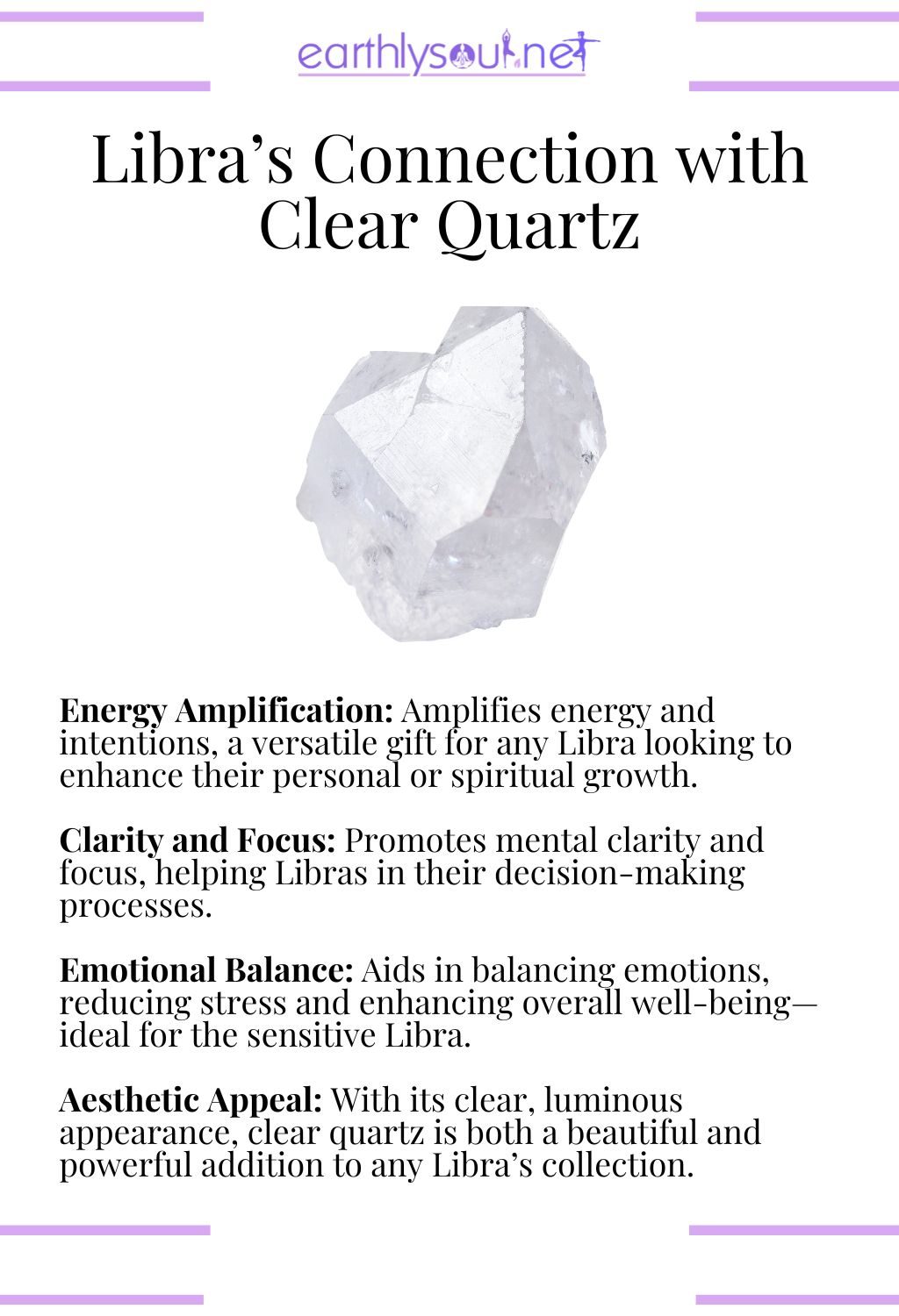 Clear quartz crystal, ideal for amplifying energy and promoting clarity for libras.