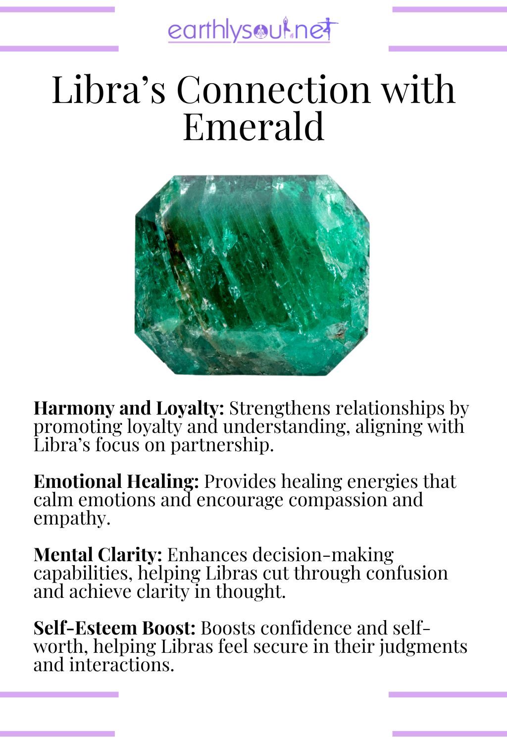 Emerald crystal, known for promoting harmony and emotional healing for libras.