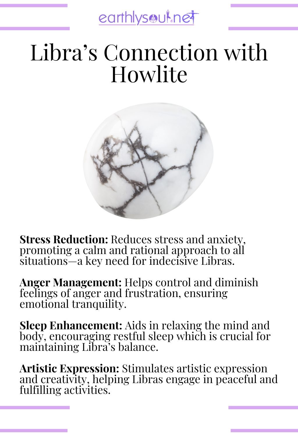 Howlite crystal, known for its stress-reducing and creativity-enhancing properties for libras.