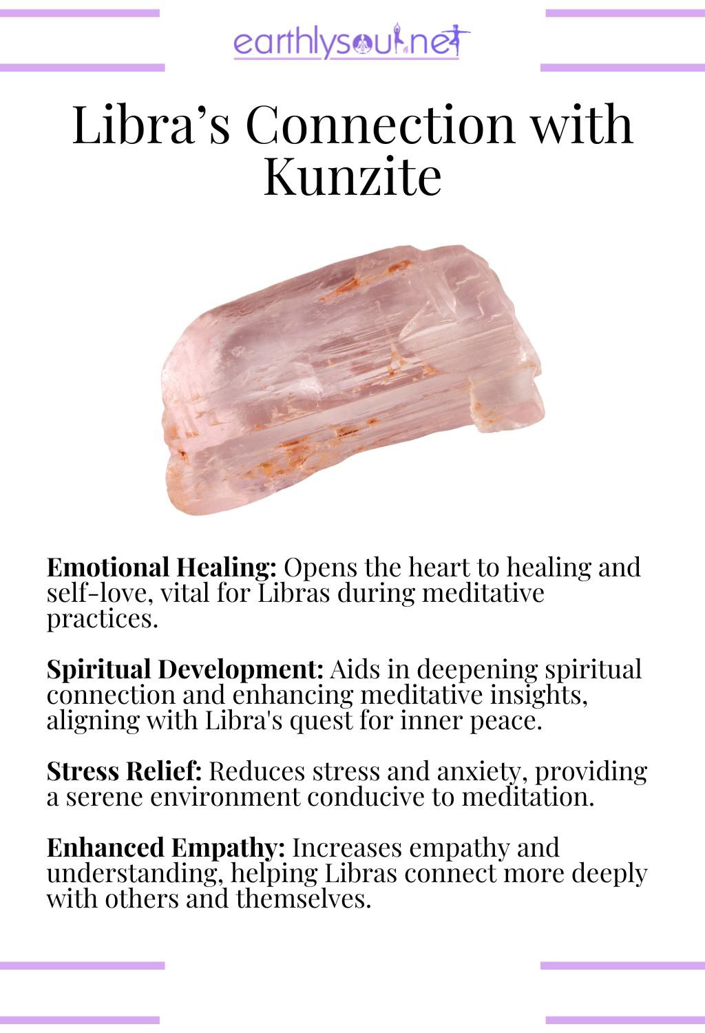 Kunzite crystal, promoting emotional healing and spiritual development during libra meditation.