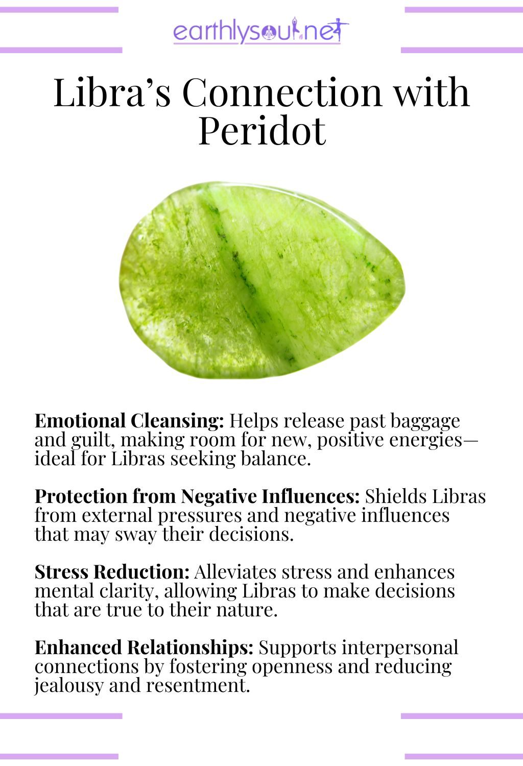 Peridot crystal, aiding in emotional cleansing and protection for libras.