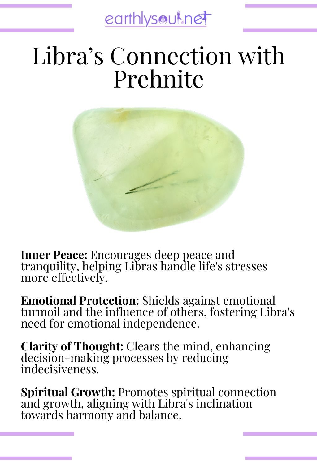 Prehnite crystal, enhancing clarity of thought and emotional protection for libras.