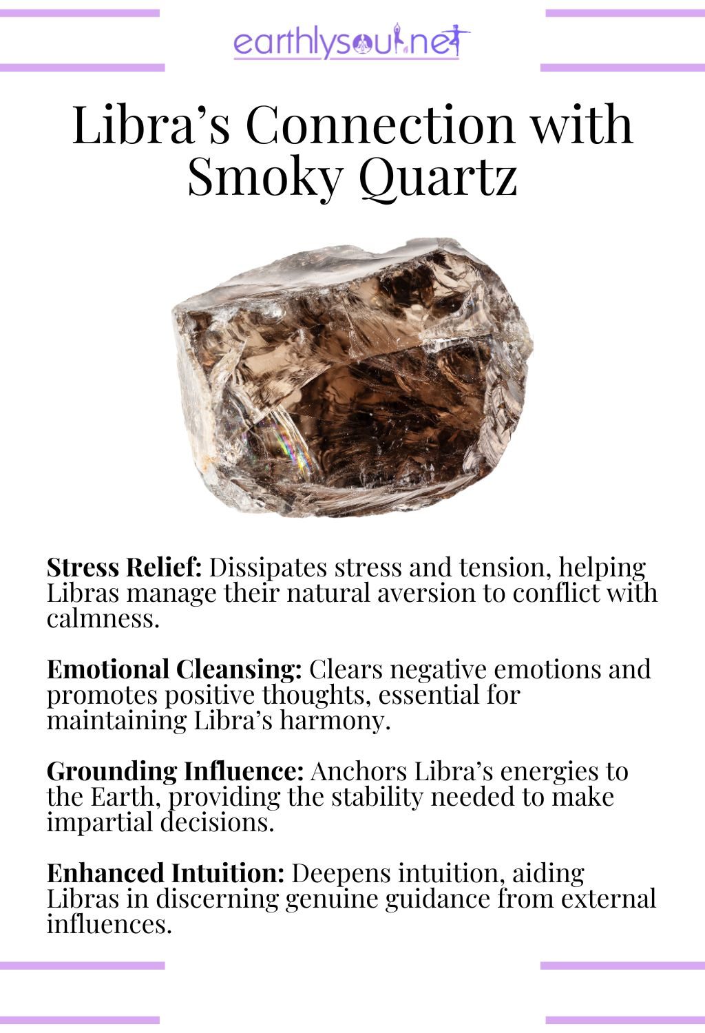 Smoky quartz crystal, known for its grounding and stress-relieving properties for libras.