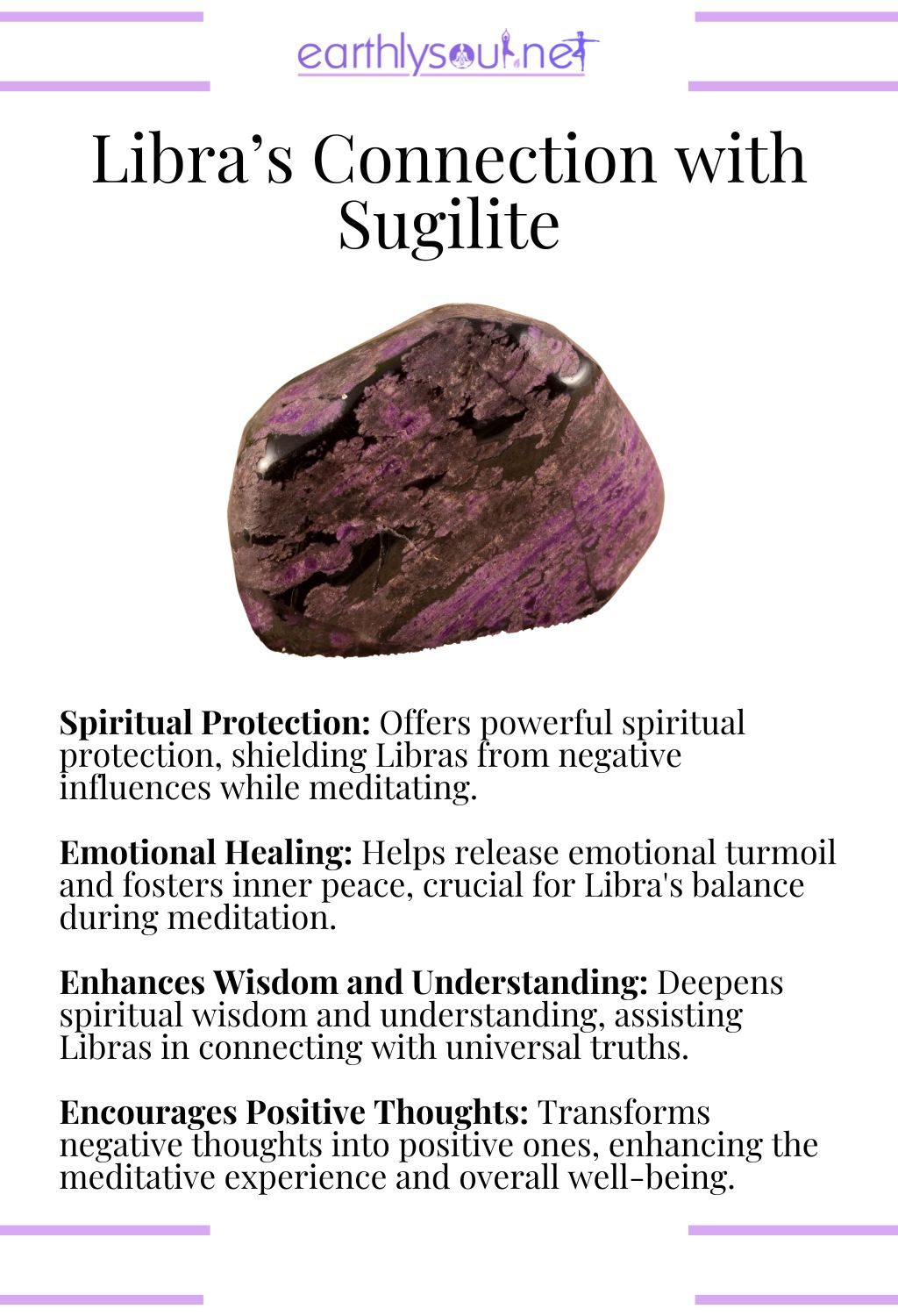 Sugilite crystal, known for its protective and healing properties during libra meditation.