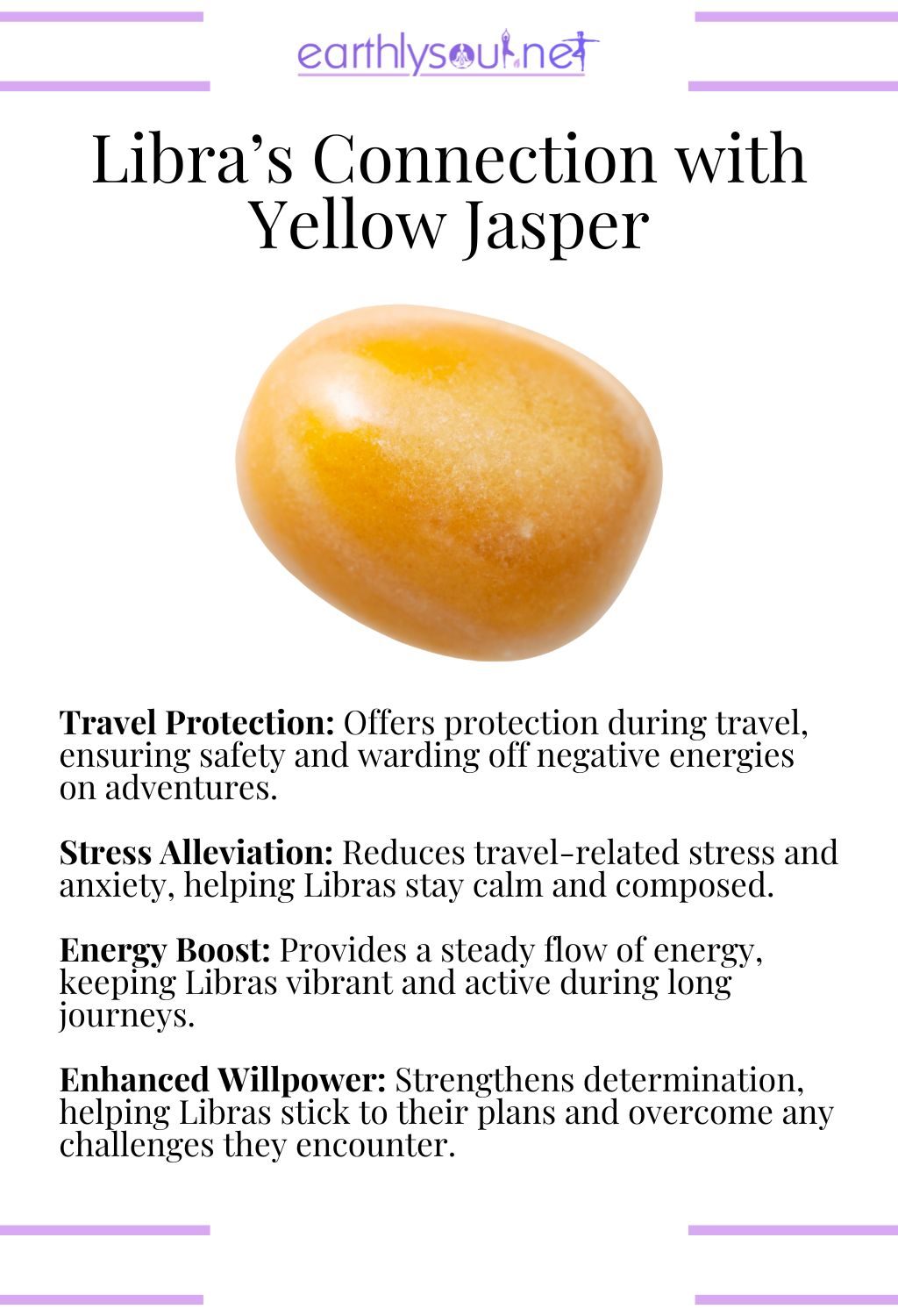 Yellow jasper crystal, known for providing travel protection and energy for adventurous libras.