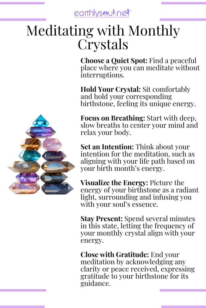 Meditation routine with birthstone crystals for personal alignment, monthly energy, and inner growth