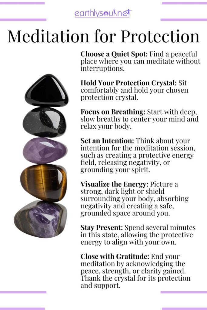 Meditation routine with protection crystals for grounding, shielding, and energy clearing