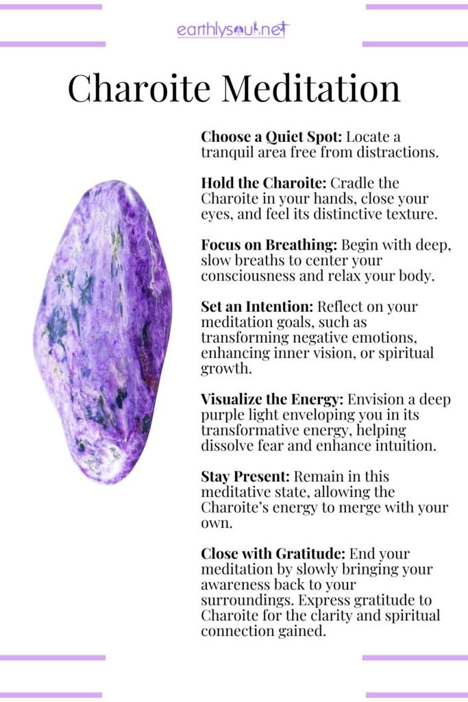 Charoite crystal meditation for emotional healing, spiritual growth, and transformation