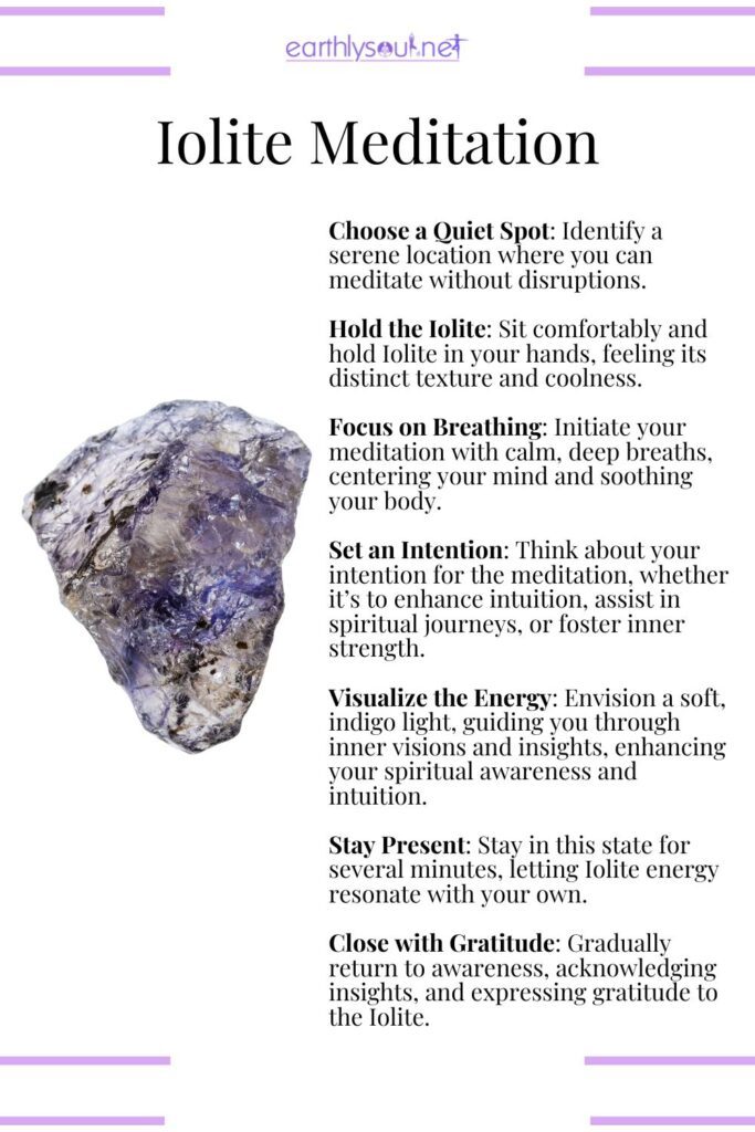 Iolite crystal meditation for enhancing intuition, spiritual journeys, and inner strength