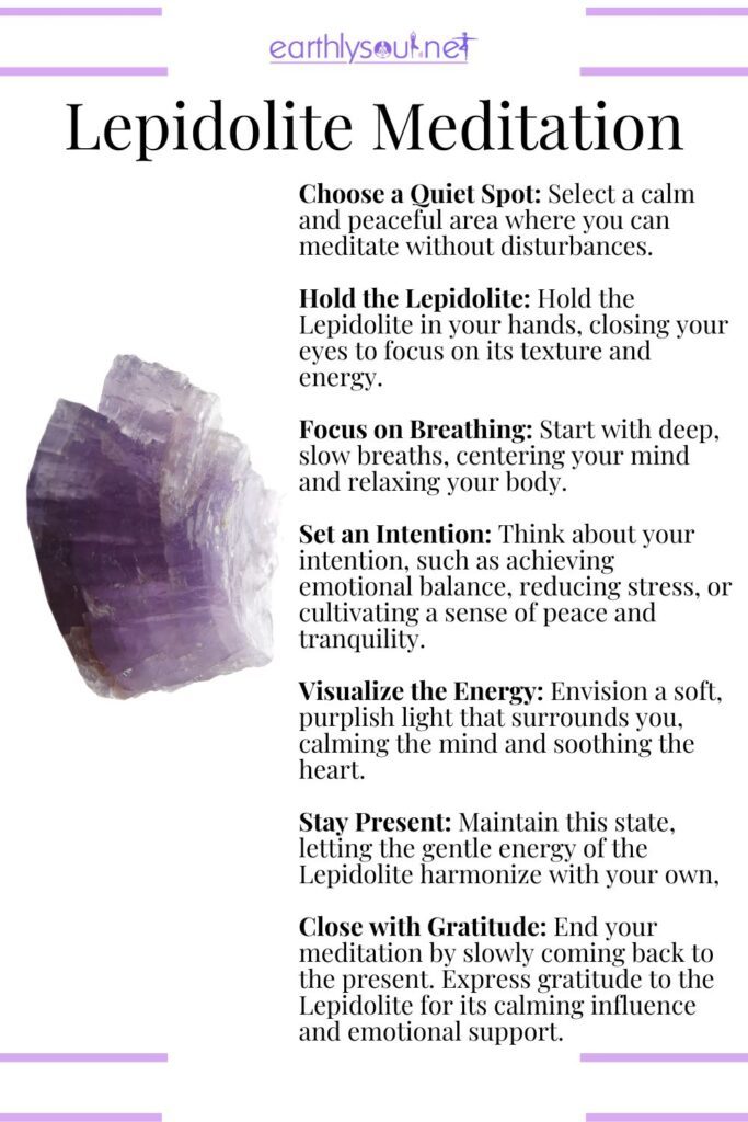 Lepidolite crystal meditation for stress relief, emotional balance, and tranquility