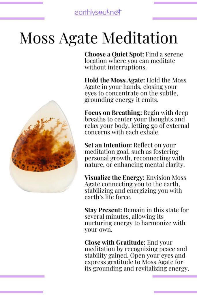 Moss agate crystal meditation for personal growth, nature connection, and mental clarity