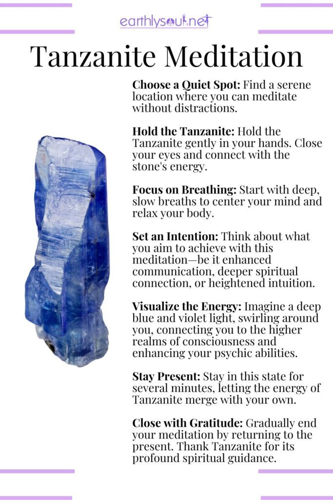 Tanzanite crystal meditation for enhanced communication, spiritual connection, and intuition