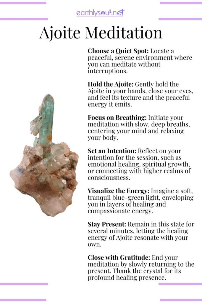 Ajoite crystal meditation for emotional healing, spiritual growth, and higher consciousness connection