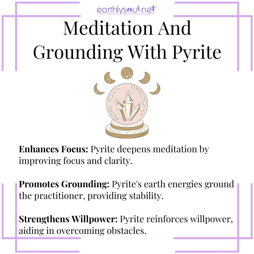 Pyrite for enhanced meditation focus, grounding energy, and strengthening willpower and determination