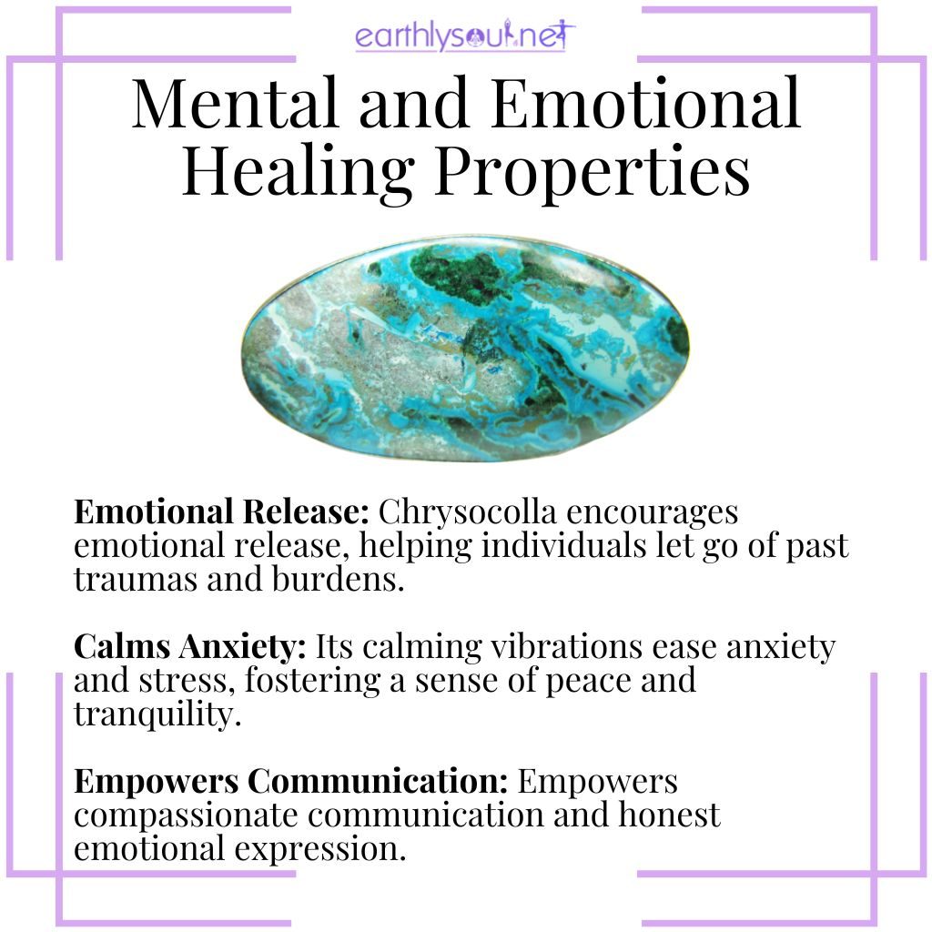 Chrysocolla for emotional release, calming anxiety, and empowering communication.