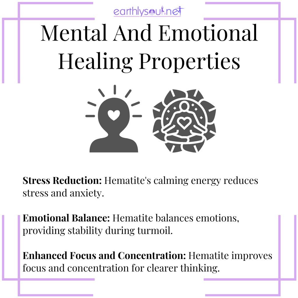 Hematite for stress reduction, emotional balance, and enhanced focus and concentration in mental and emotional healing