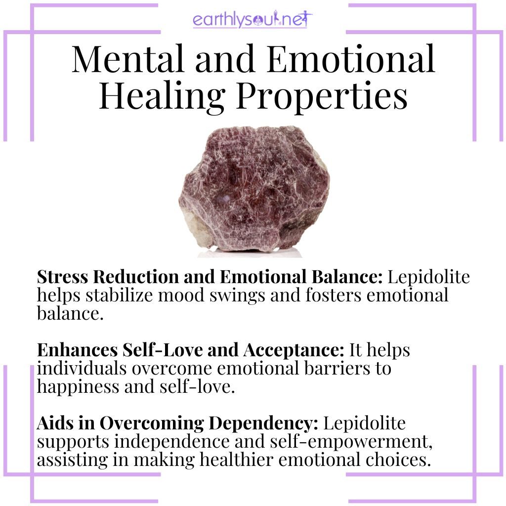 Lepidolite's healing properties include stress reduction, enhancing self-love, and aiding in overcoming dependency