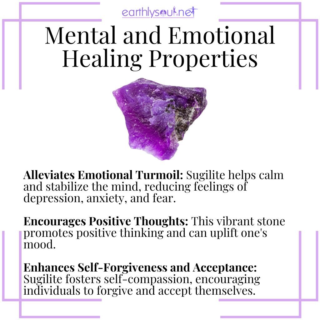 Sugilite's healing properties alleviate emotional turmoil, encourage positive thoughts, and enhance self-forgiveness and acceptance.