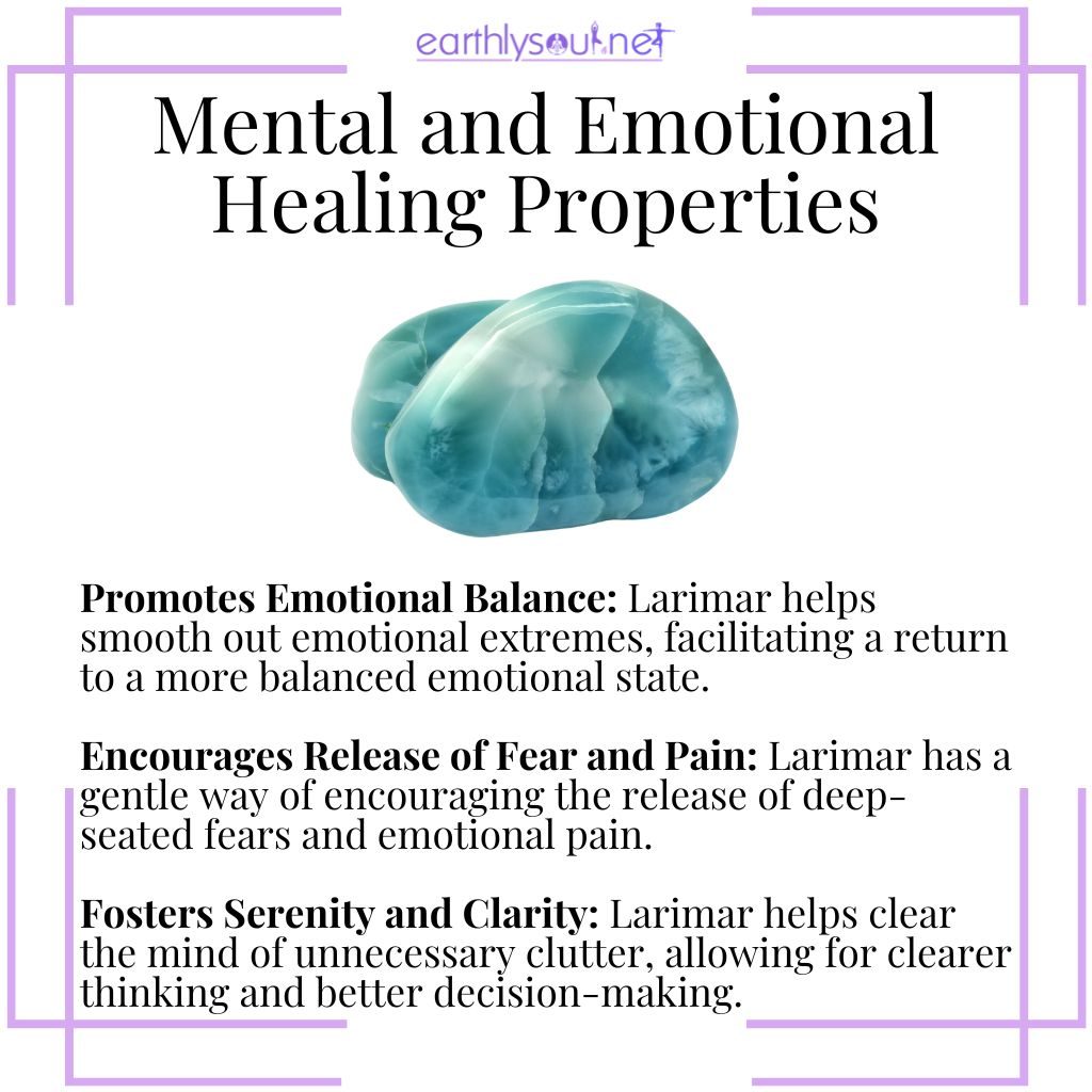 Larimar stabilizes emotions, encourages release of fear and pain, and fosters serenity and clarity.