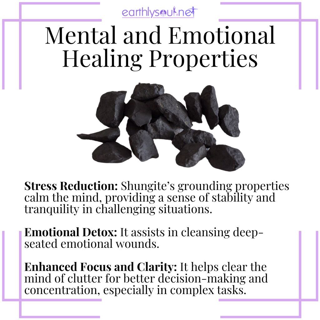 Shungite for reducing stress, detoxifying emotions, and enhancing mental clarity.
