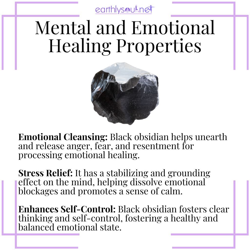 Black obsidian aids in emotional cleansing, relieves stress, and enhances self-control.