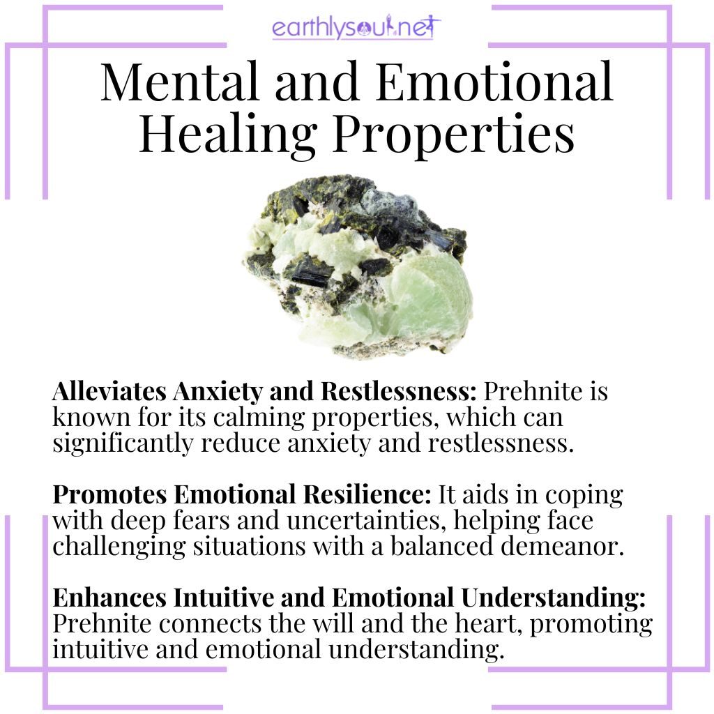Prehnite alleviates anxiety, promotes emotional resilience, and enhances intuitive understanding.