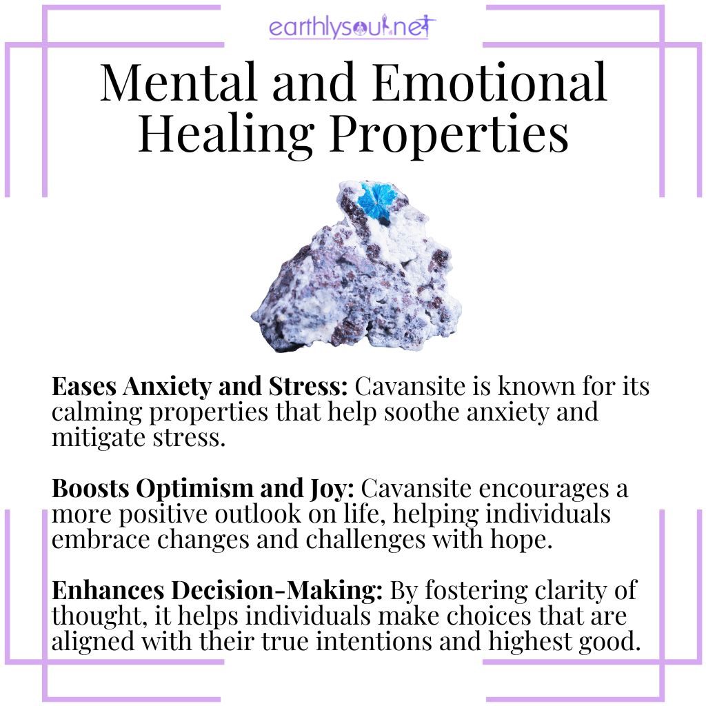 Cavansite crystal eases stress, boosts optimism, and enhances decision-making, aiding mental and emotional healing.