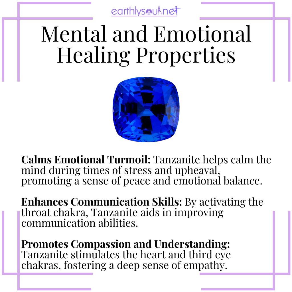 Tanzanite soothes emotions, enhances communication, and fosters compassion and understanding for emotional healing.