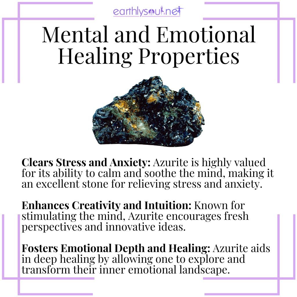 Azurite clears stress, enhances creativity and intuition, and fosters emotional depth for healing.