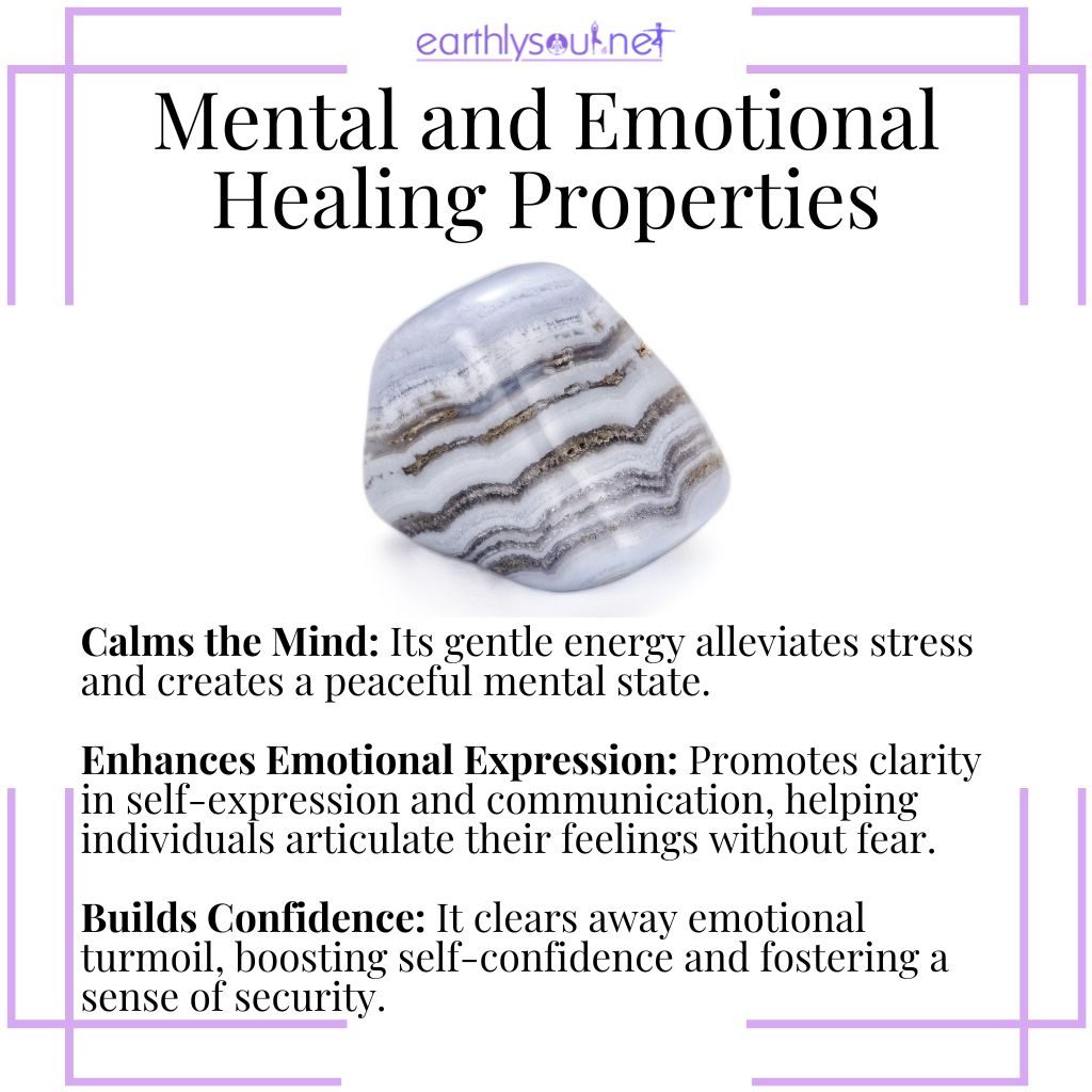 Blue lace agate for calming the mind, enhancing emotional expression, and building confidence.