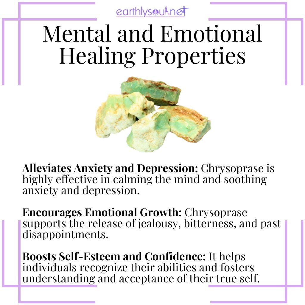 Chrysoprase alleviates anxiety, encourages emotional growth, and boosts self-esteem and confidence.
