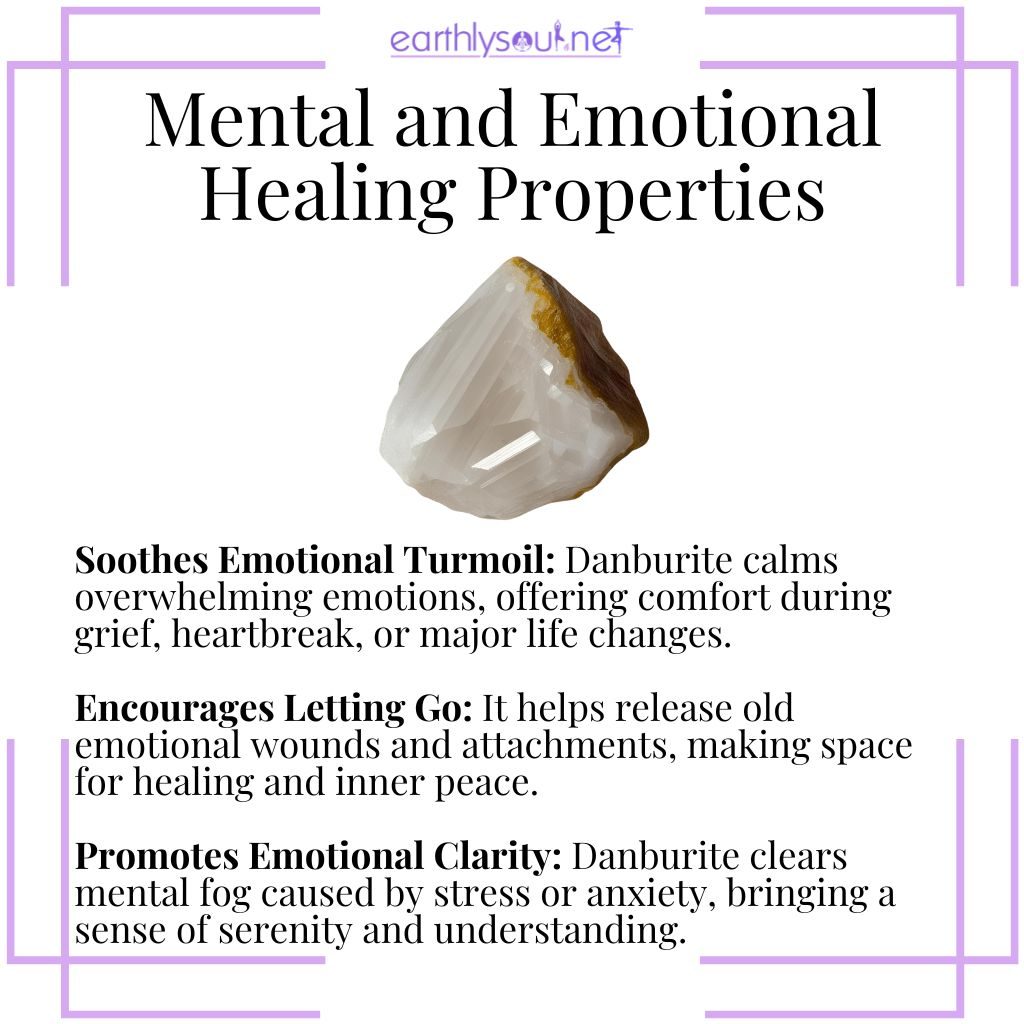 Danburite soothes emotional pain, supports release, and promotes emotional clarity