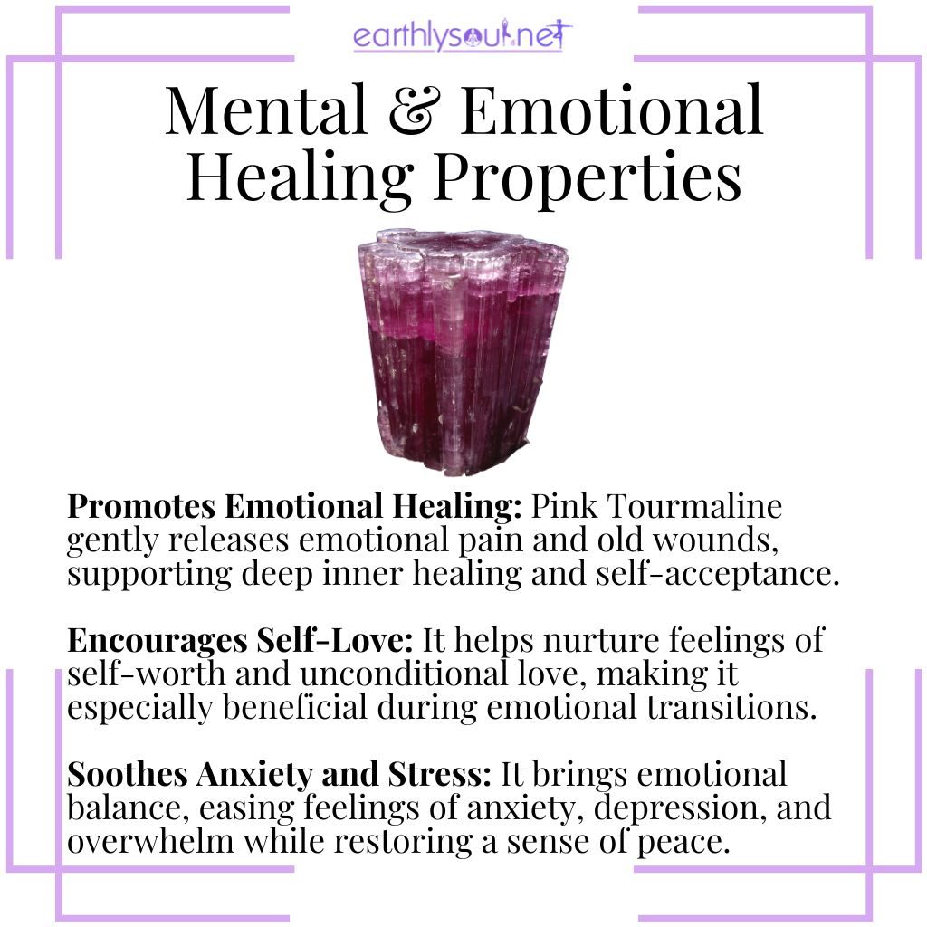 Pink tourmaline mental and emotional healing properties, promoting emotional healing, self-love, and soothing anxiety and stress