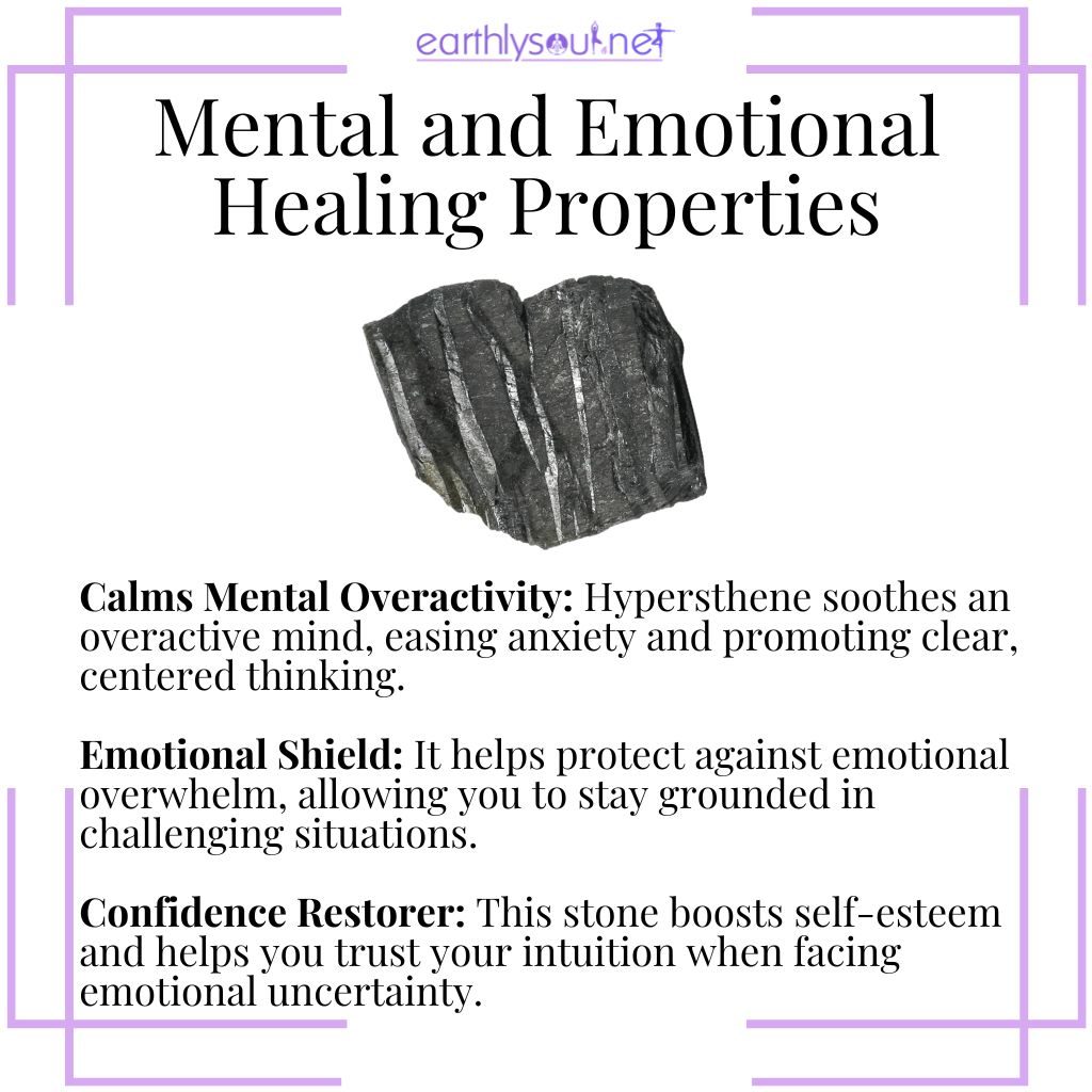 Hypersthene mental and emotional healing properties, a calming stone that reduces anxiety, restores confidence, and promotes emotional balance.