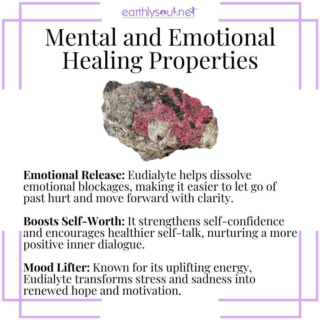 Eudialyte mental and emotional healing properties, a uplifting crystal that releases emotional blockages, boosts self-worth, and restores optimism.
